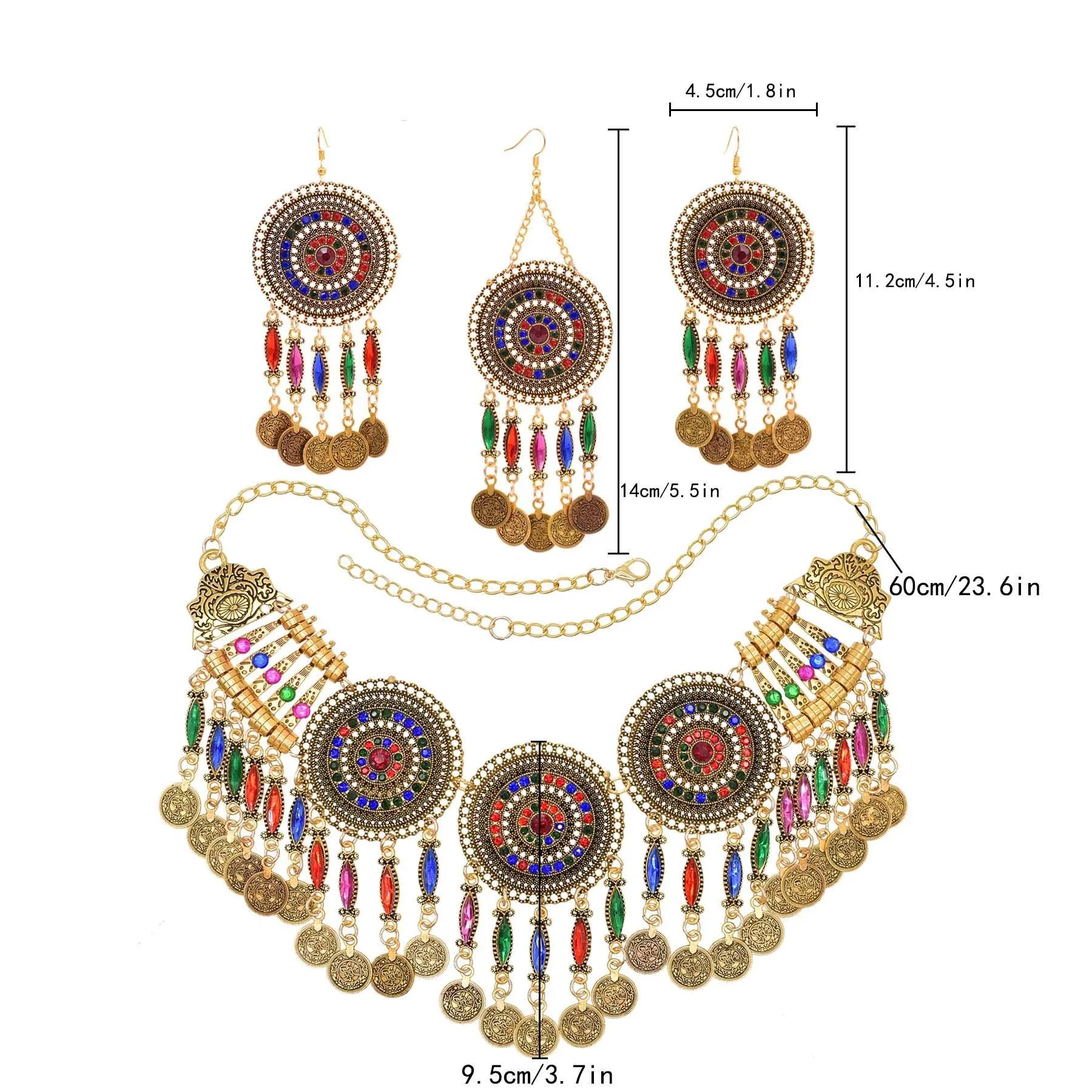 3pcs/set Vintage Ethnic Style Headwear Exquisite Rhinestone Bead Pendant Women and Girls(Forehead Chain, Necklace, Earrings)