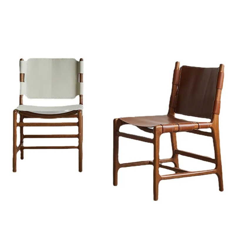 

wood saddle leather artificially woven dining chair home retro restaurant leather old light luxury leisure hotel chair