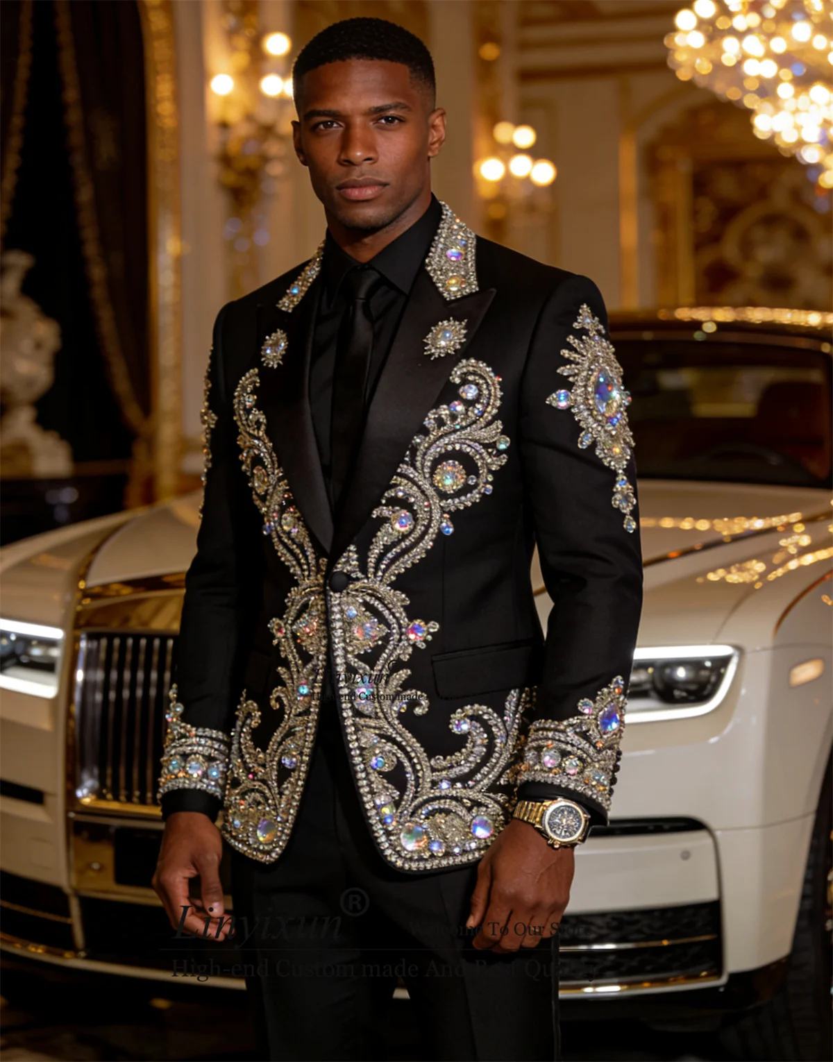 

Luxury Gem Crystals Men Suits 2 Pieces Sets Wedding Groom Tuxedo Peaked Lapel Male Blazers Outfit Customized Slim Costume Homme