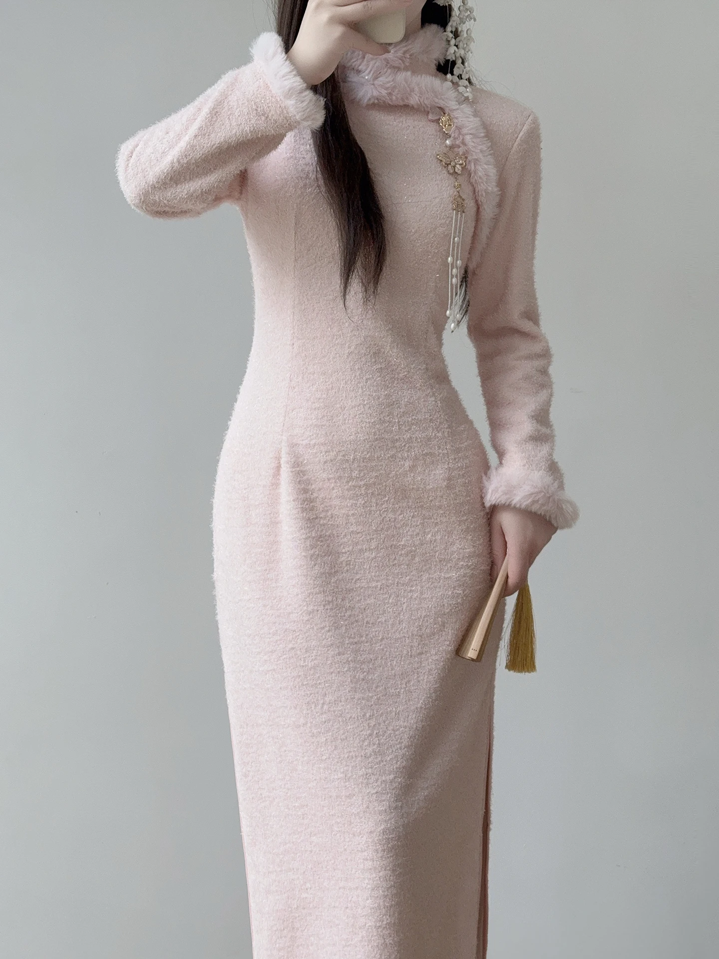 ting-yue-ling-new-chinese-sle-young-model-pink-slim-fit-daily-wear-long-sve-mid-length-pure-color-dr