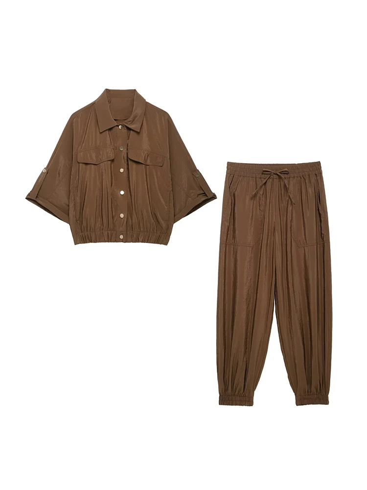 

KUCLUT Women Fashion 2 Piece Set Brown Pleated Single Breasted Shirt & Vintage Elastic Waist Trousers Female Chic Lady Pants Set