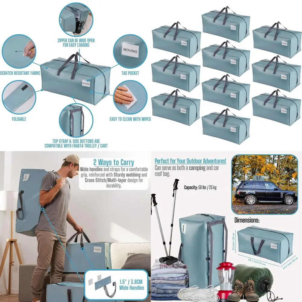 

Сверхмощные сумки для переезда из 10 предметов с ремнями для рюкзака, большие сумки для хранения предметов первой необходимости в общежитии, на молнии для одежды (блестящий свет)