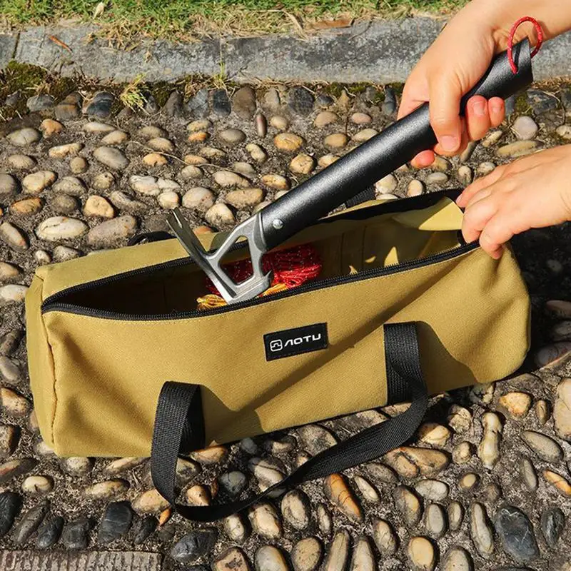 Tent Stake Bag Camping Tent Peg Ground Nail Storage Bag Double Layer Canvas Storage Bag Heavy Duty Hammer Nail Pouch for Hiking