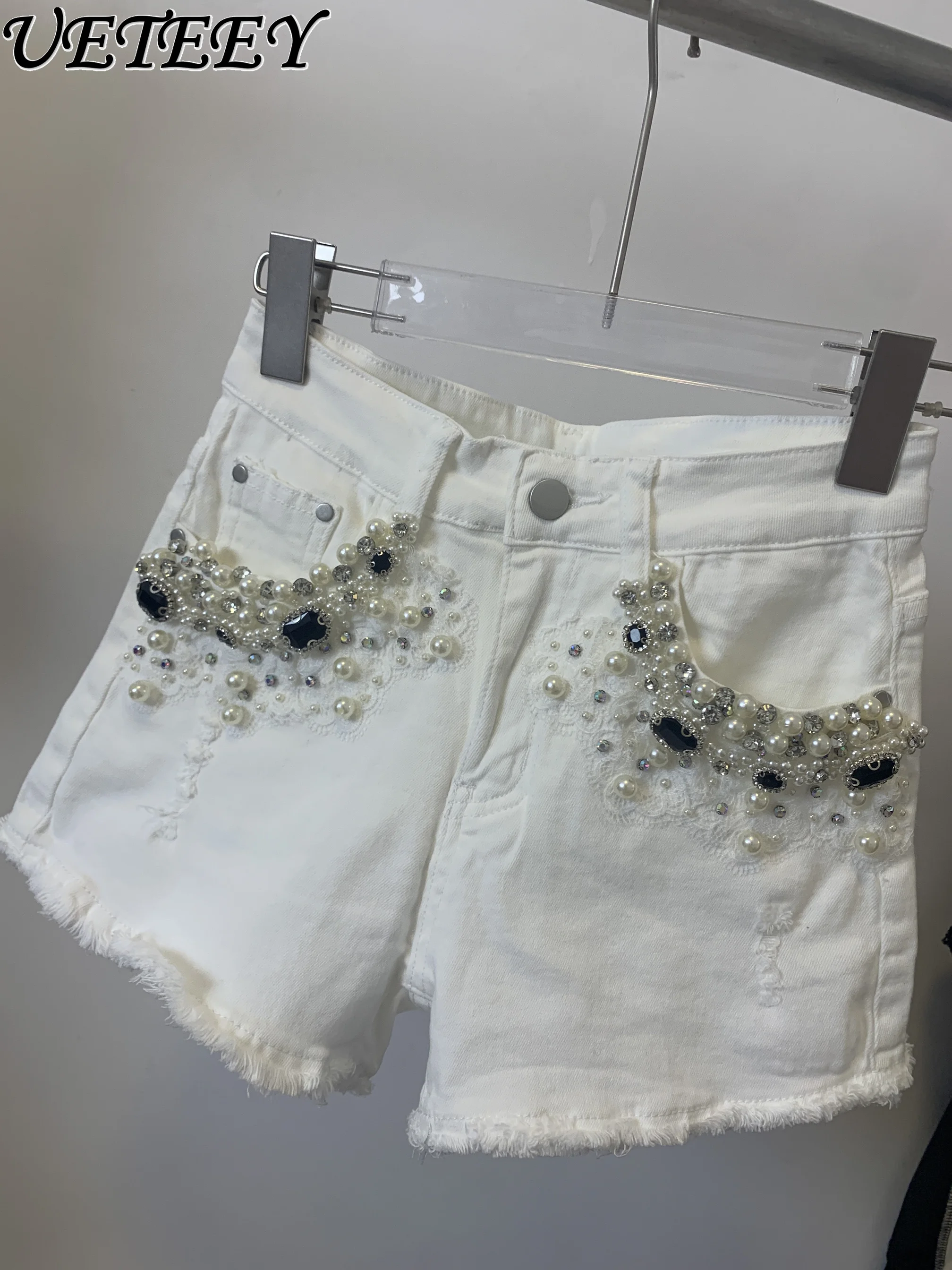 Pantalones cortos de mezclilla con cuentas para mujer, moda de la industria pesada, estilo coreano, blanco, cintura alta, ajustado, vaina, novedad de verano