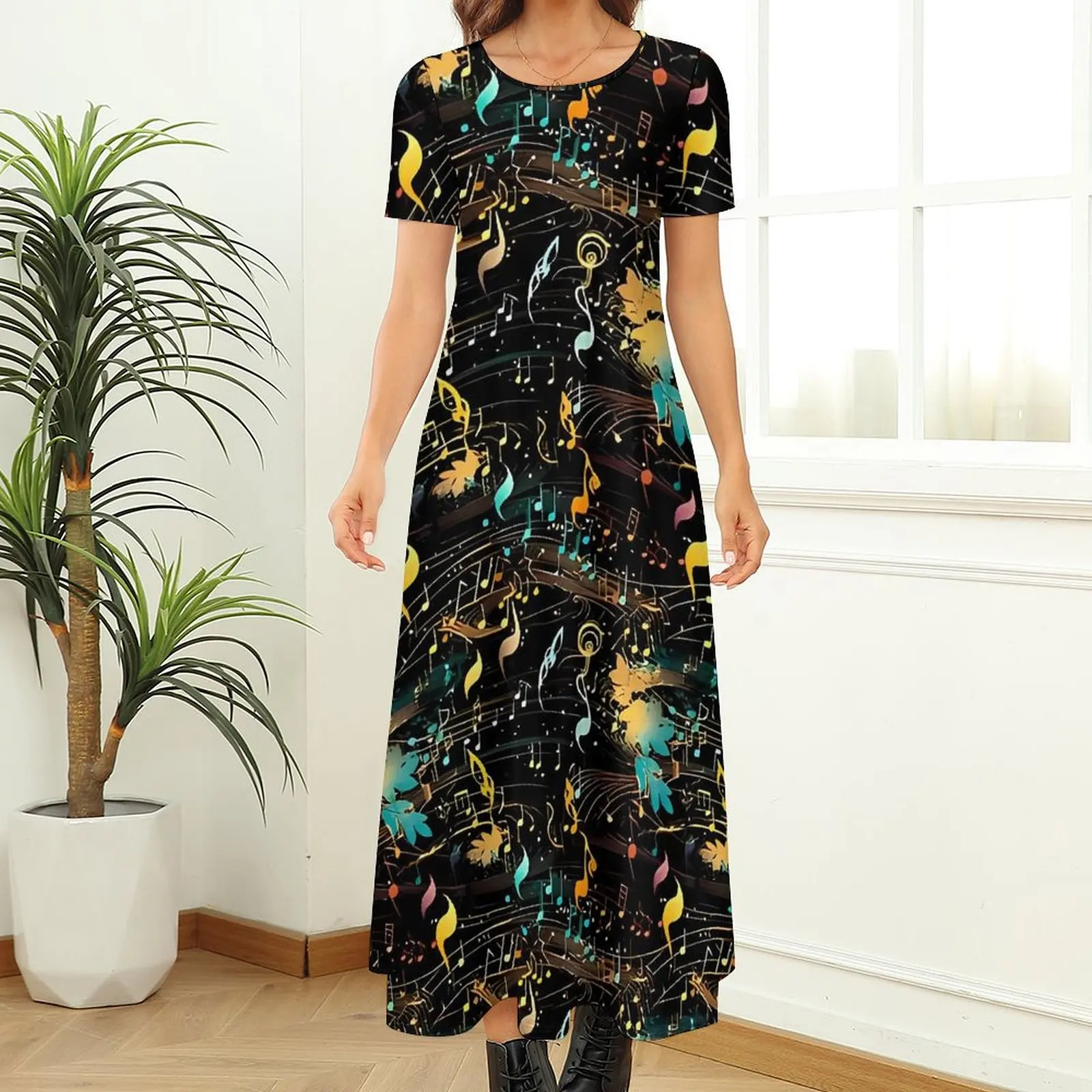 Abstract Music Note Dress  Party Maxi Dress Womens Short Sleeve Aesthetic Boho Beach Long Dresses Big Size 6XL 7XL