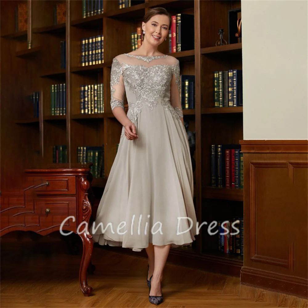 

Princess Scoop Neck Mother Of The Bride Dress A-Line Chiffon Lace Tea-Length Formal Dresses Vestidos Mae Da Noiva Casamentos