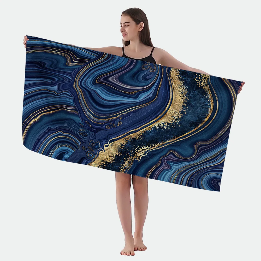 Ocean Blue Gold Swirl Beach Towel, Microfiber Quick Dry Towel, Sand Free Non-Shedding, Surfing Wrap, Beach Blanket