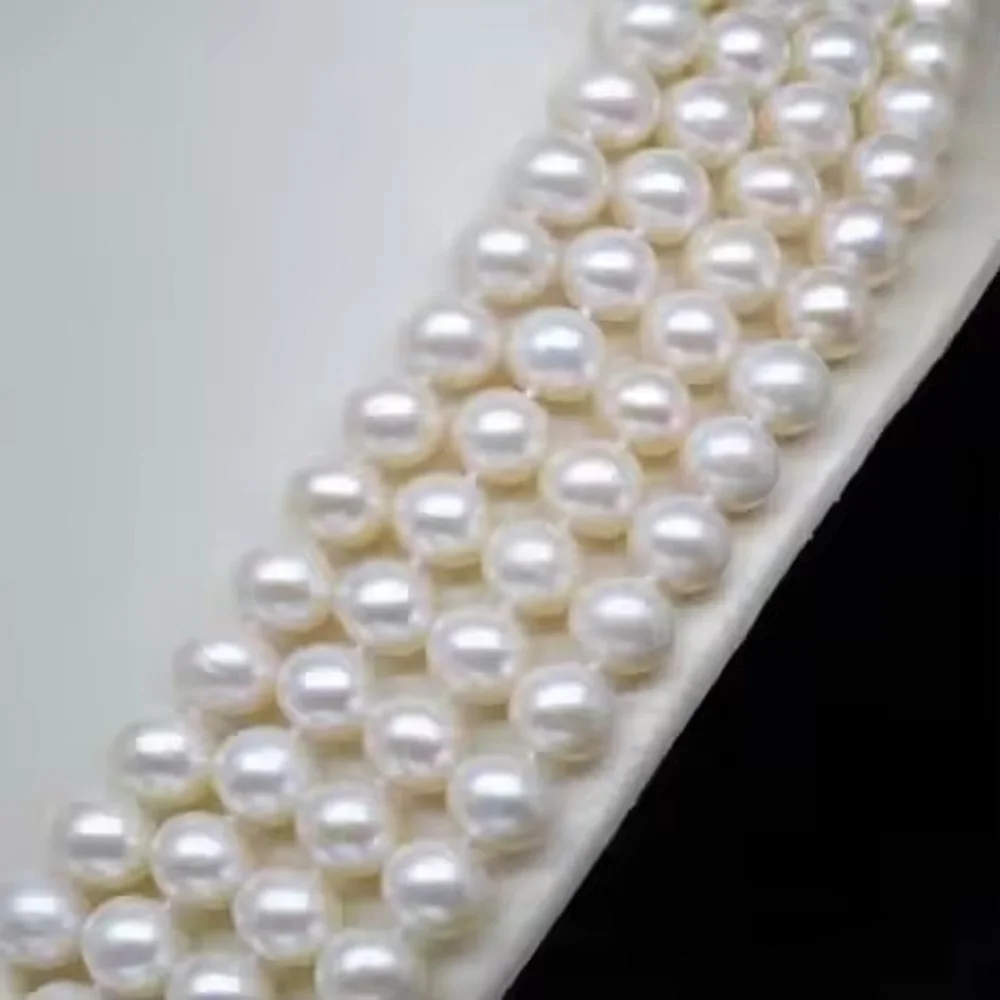 Exquisite Jewelry 4-Row 7-8mm AAA+Natural Japanese White Round Pearl Necklace 925s Button (