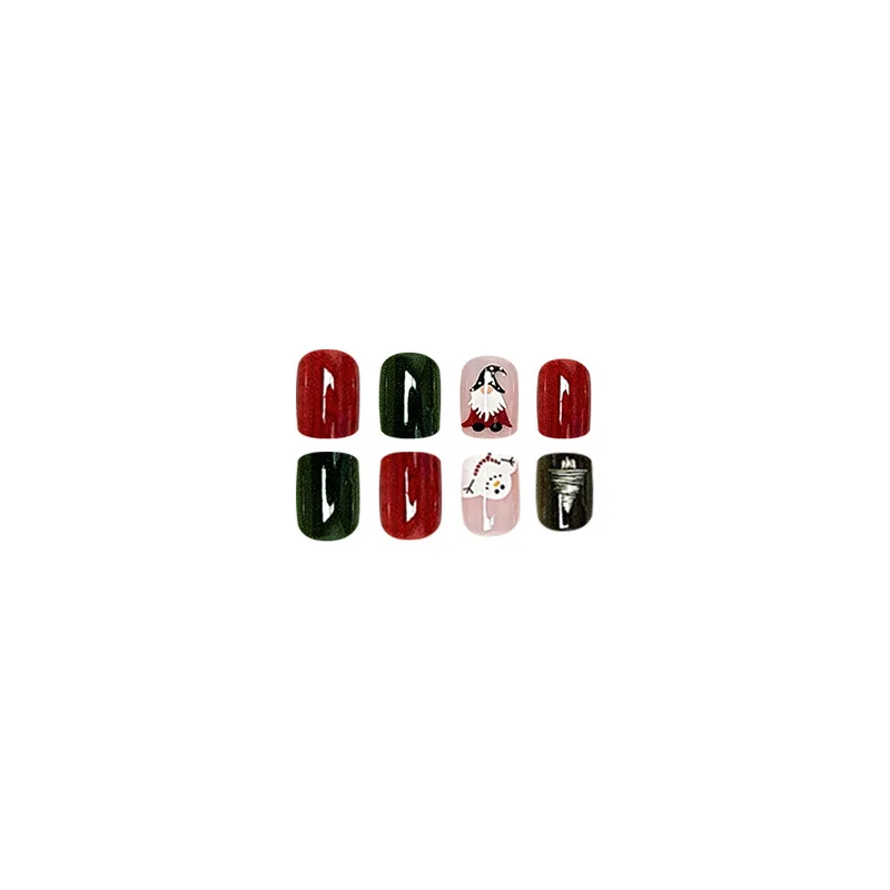 Faux ongles de Noël Kawaii à presser avec des onglets collants, bouts d'ongles carrés, rouge et vert, hiver, N64.24 pièces