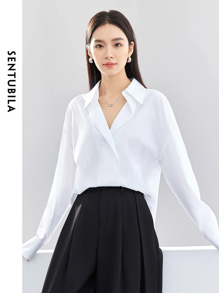 SENTUBILA Spring Polo Collar White Shirts & Blouses Office Lady 2024 Simple Loose Cotton Pullover Long Sleeve Tops 141C52943