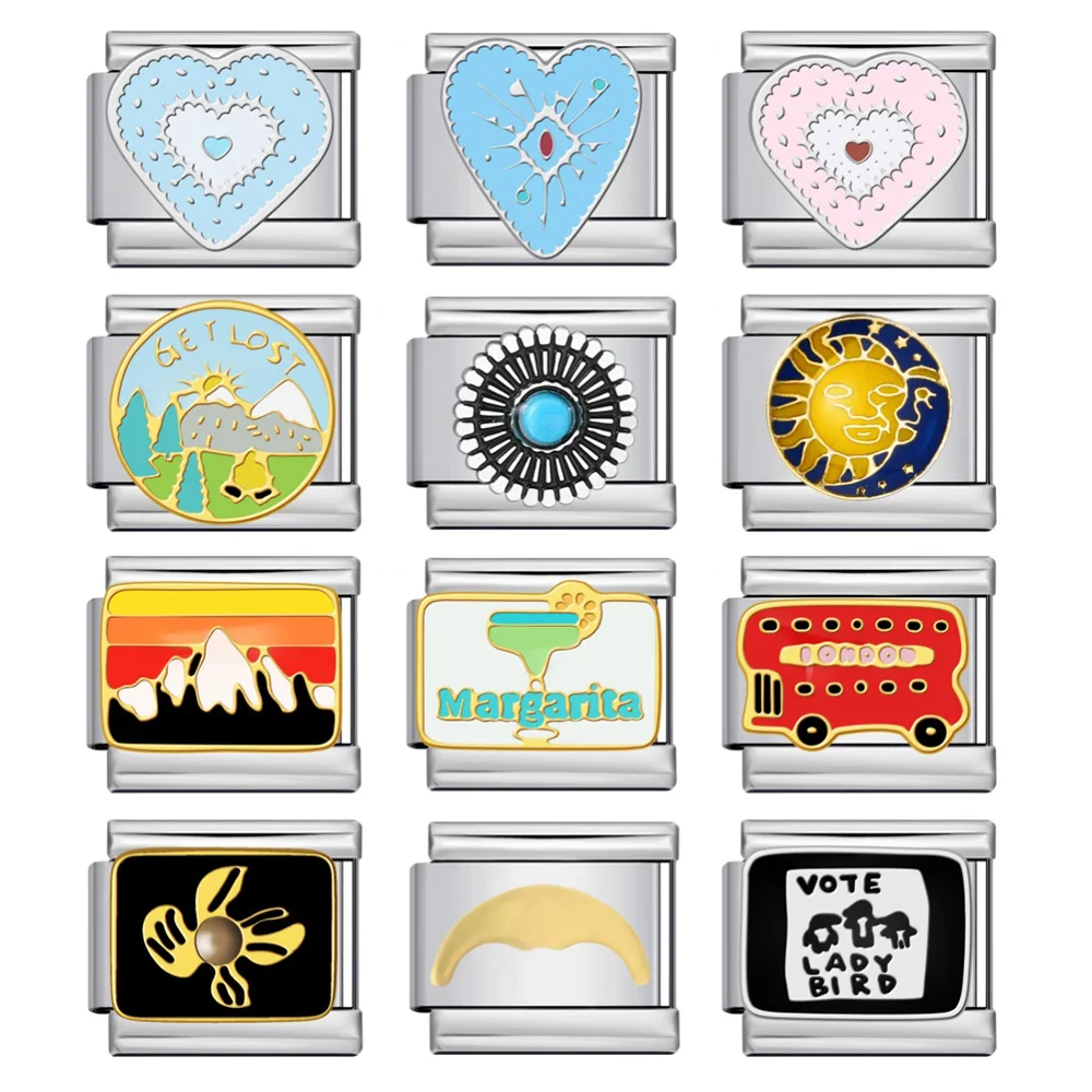 Modisches Buntes Herz-Auge-Bus-Vulkan-Sonnenaufgang-Charm Italienisches Gliederarmband 9mm Edelstahl für DIY Schmuckherstellung Damen Herren – Detail 1