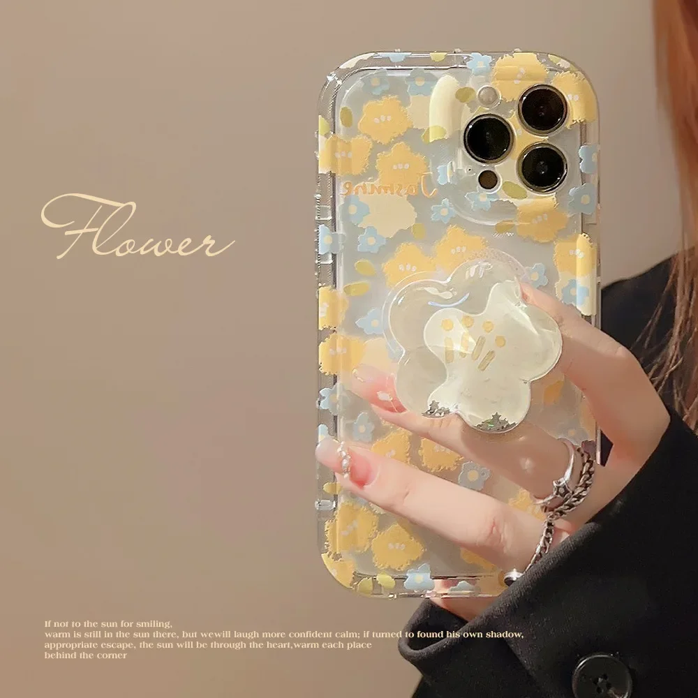 Korean Style Yellow Flower Transparent Phone Case with Holder for iPhone16 15 14 12 13 11 Pro ProMax Plus Shockproof Cover