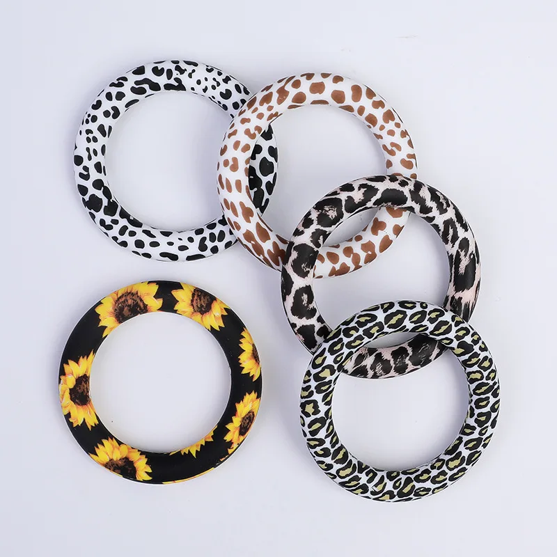 10pcs Baby Silicone Teether Ring 65mm Print Baby Food Grade Nursing Toys DIY Pacifier Chain Necklace Jewelry Gift Accessorios