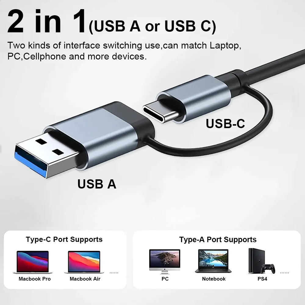 2 in 1 4/7 Port USB Type-C Expander USB3.0 High Speed Transmission Multi-port Usb Splitter Suitable for Laptops and Desktops