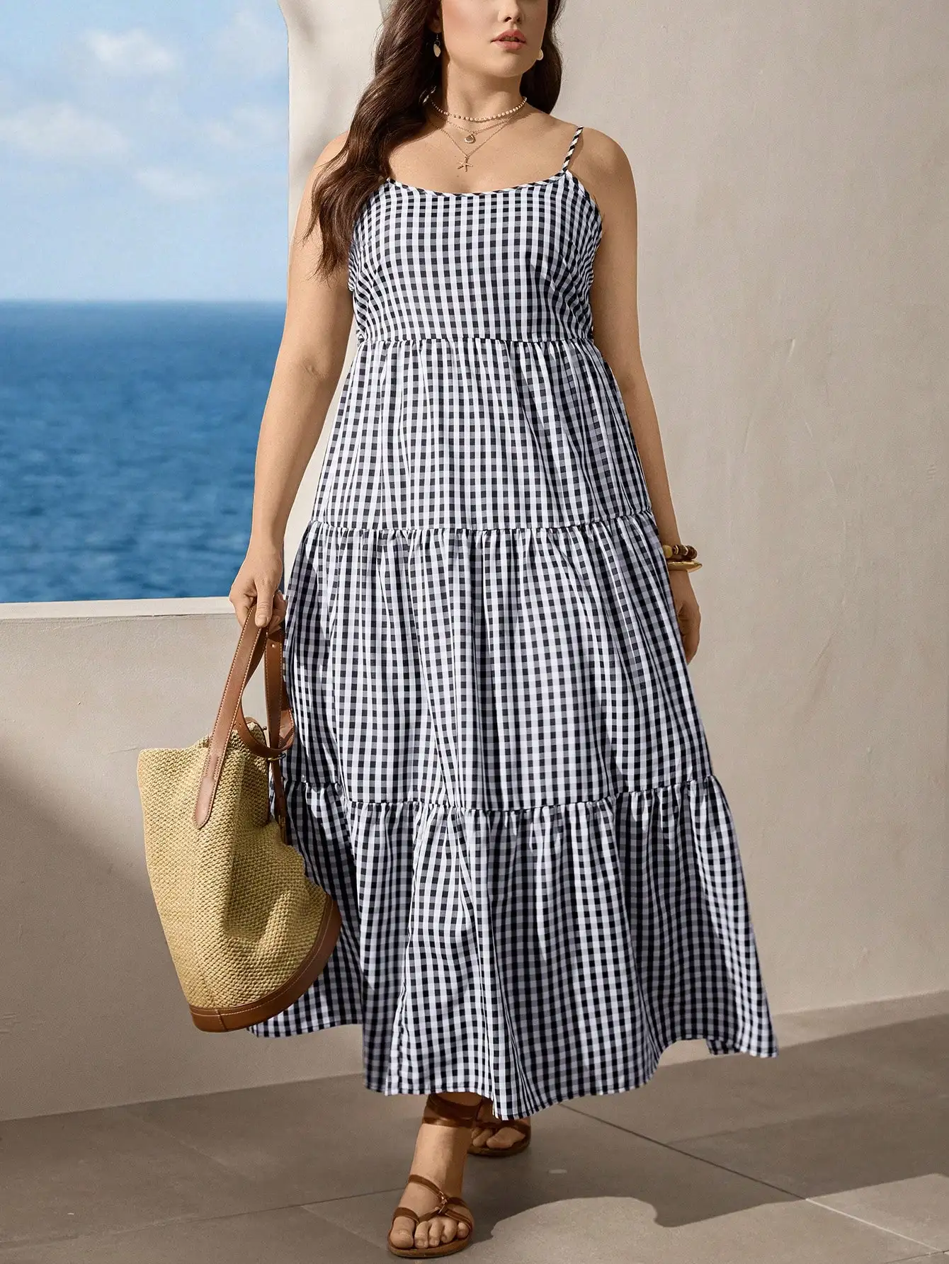 

Black And White Gingham Tiered Maxi Dress With Adjustable Back Bow Casual Summer Dress