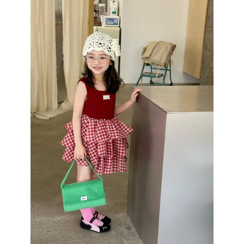 

Summer Girls Fashionable Dress Summer Baby Plaid Princess Dress Little Girl Sweet Lace Puffy Cake Dress