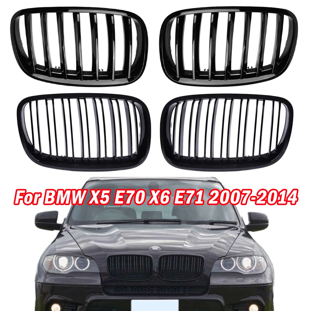 2PCS Gloss Black Front Kidney Single Slat Racing Grill Grille for BMW X5 E70 X6 E71 2007 2008 2009 2010 2011 2012 2013 2014