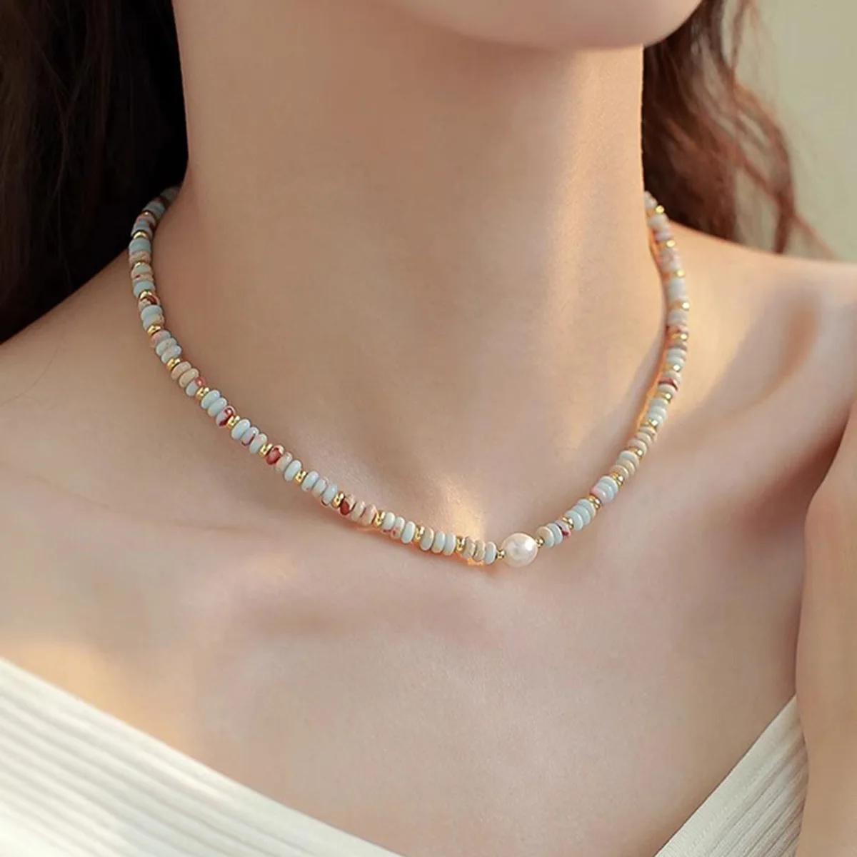 YWYC 7-8 مللي متر الأبيض لؤلؤ المياه العذبة القلائد للنساء الحجر الطبيعي الخرز 36 سنتيمتر 5 سنتيمتر تمديد سلسلة قابل للتعديل طوق القلائد #1