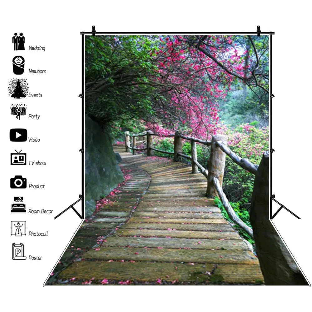 

Laeacco Spring Scenery Photography Backgrounds Green Forest Blooming Trees Wood Pathway Baby Portrait Backdrops For Photo Studio