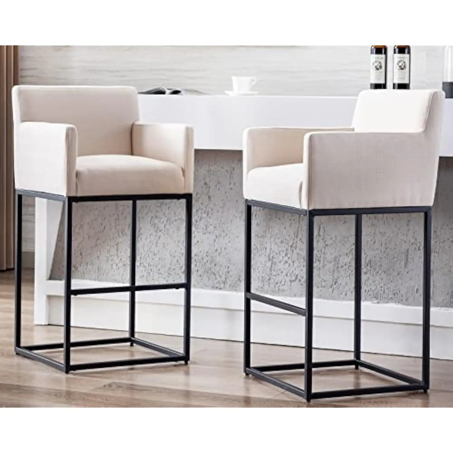 

Modern Counter Height Bar Stools Set of 2, Linen Fabric Upholstered Bar Stools with Backs, 30 Inch Kitchen Island Stools with B