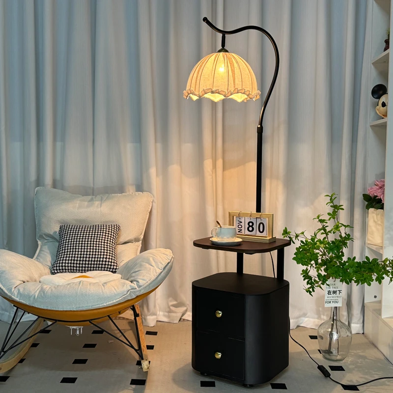 

French Retro Wooden Storage Rack Integrated Floor Lamps LED Bedroom Bedside Table Living Room Stand Lights Atmosphere Luminaries
