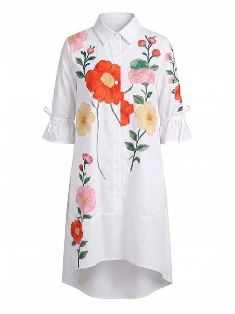 UOOZEE Women's Elegant Colorful Flower Printed Lapel Shirts Dress 2026 New Flared Sleeves Pockets Casual Vacation Midi Dresses image 5