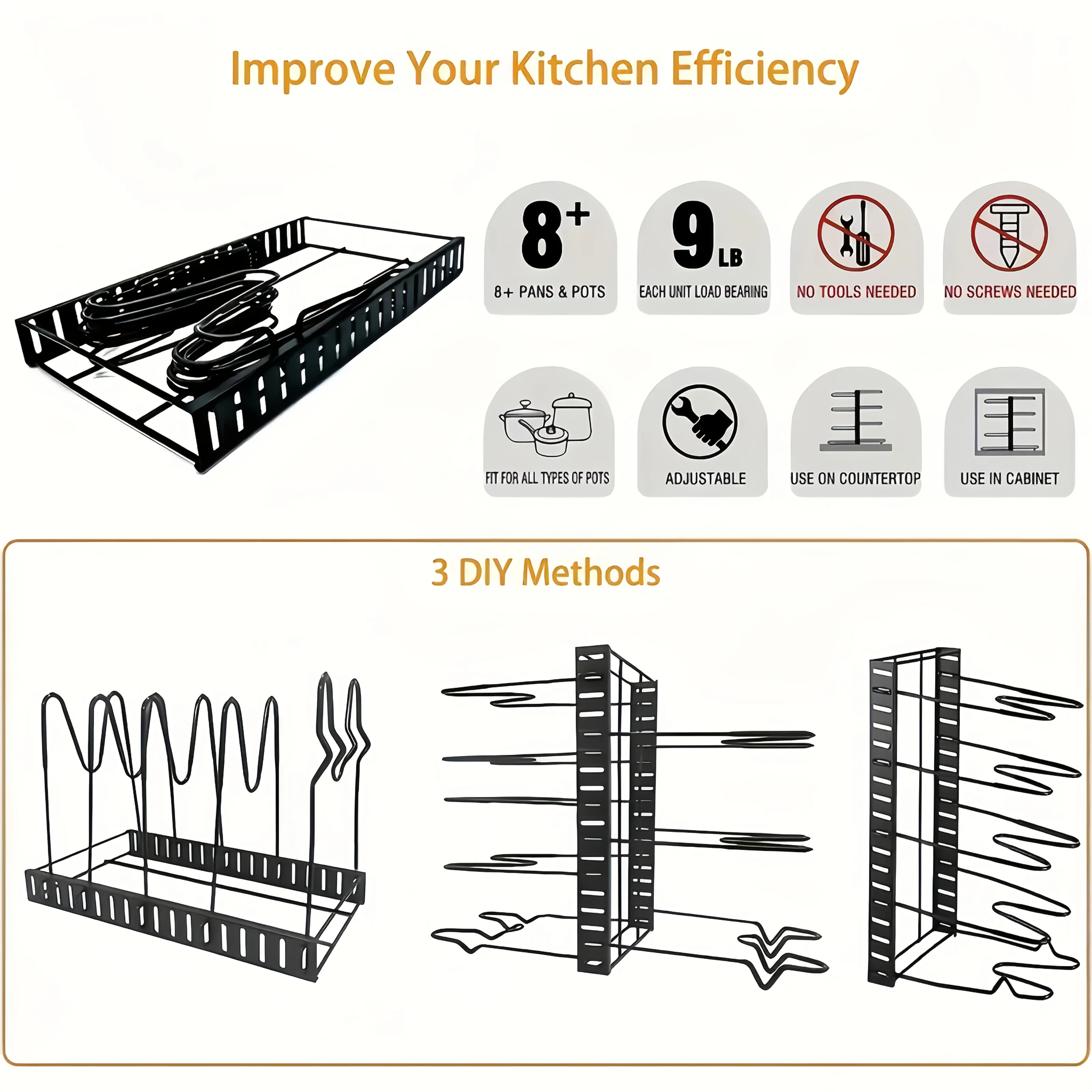 A sturdy, durable, eight-tier heavy-duty pot rack designed for efficient kitchen storage. Keep your kitchen neat and organized.