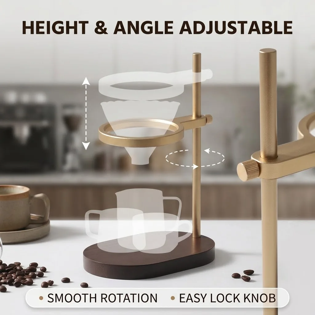 Premium Hand Drip Coffee Holder,Height‑Adjustable Metal Stand Wood Base,Compatible With Various Filter Cups for Coffee Making