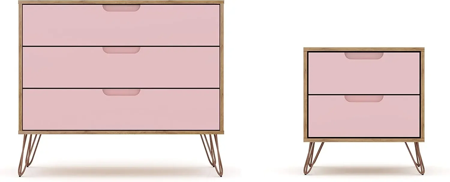 Comfort Rockefeller Mid-Century Modern 3 Drawer Bedroom Dresser with Nightstand, Set of 2, Nature/Rose Pink