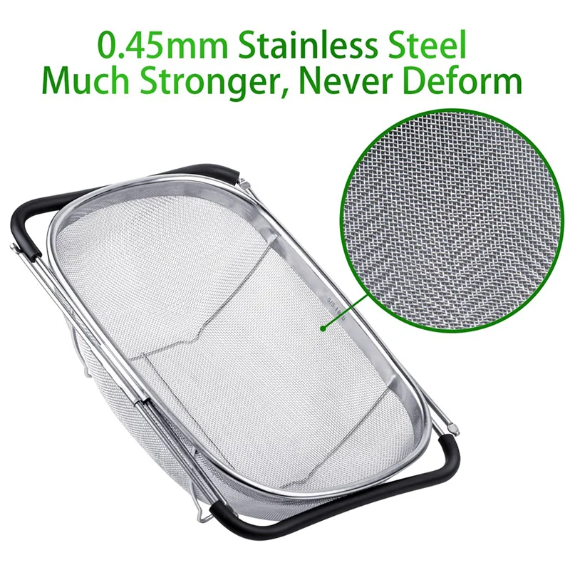 A79I Colander Basket Fine Mesh Stainless Steel For Sink With Telescopic Rubber Handle Extendable Rice Drain Basket