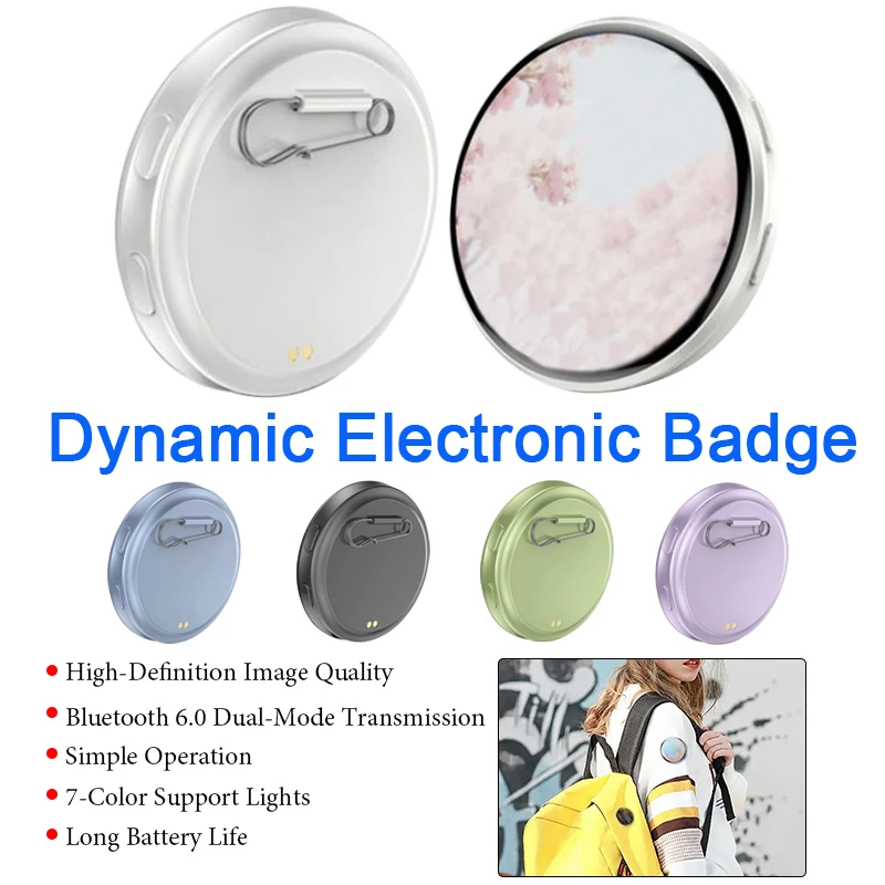 Cartoon Round Anime E-Badge Pin with 1.7-inch HD Circular Display Bluetooth 6.0 Dual-Mode Transmission Anime E-Badge Display Pin