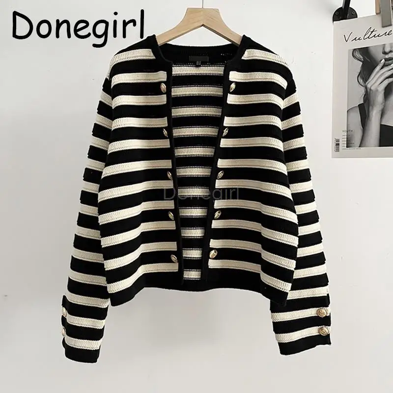 Donegirl 2023 New Fashion Spring Autumn Striped Knitted Sweater Slim Simple Casual Versatile Cardigans Coat Female Tops Chic