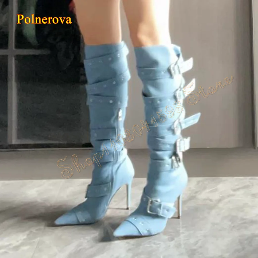 Retro Denim Buckle Knee High Boots,Pointed Toe Stiletto Women Shoes Side Zipper Long Boots Plus Size2023 New Zapatos Para Mujere