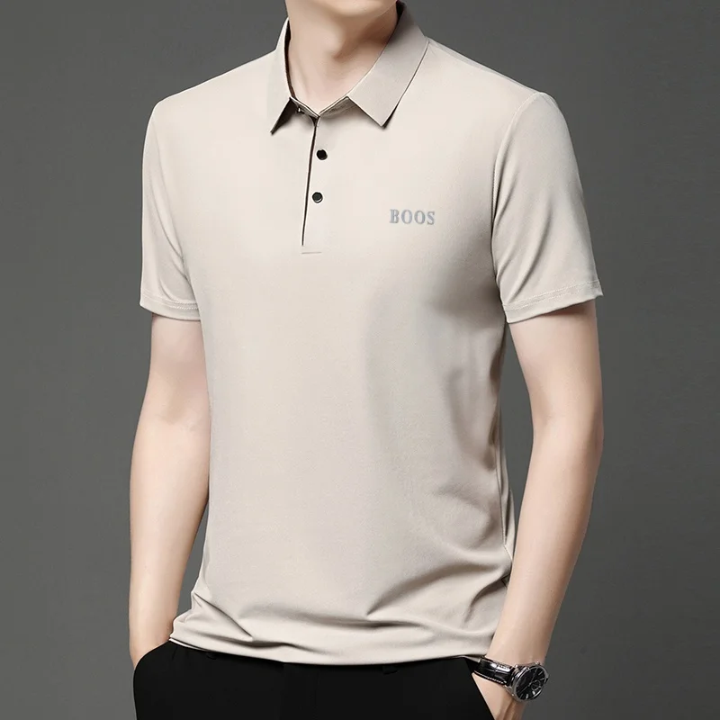 Freizeit-Herren-Kurzarm-Poloshirt mit Revers-Knopfleiste, Einfarbig mit Schriftzug, Bequemes Atmungsaktives Trendiges Herren-T-Shirt – Detail 9