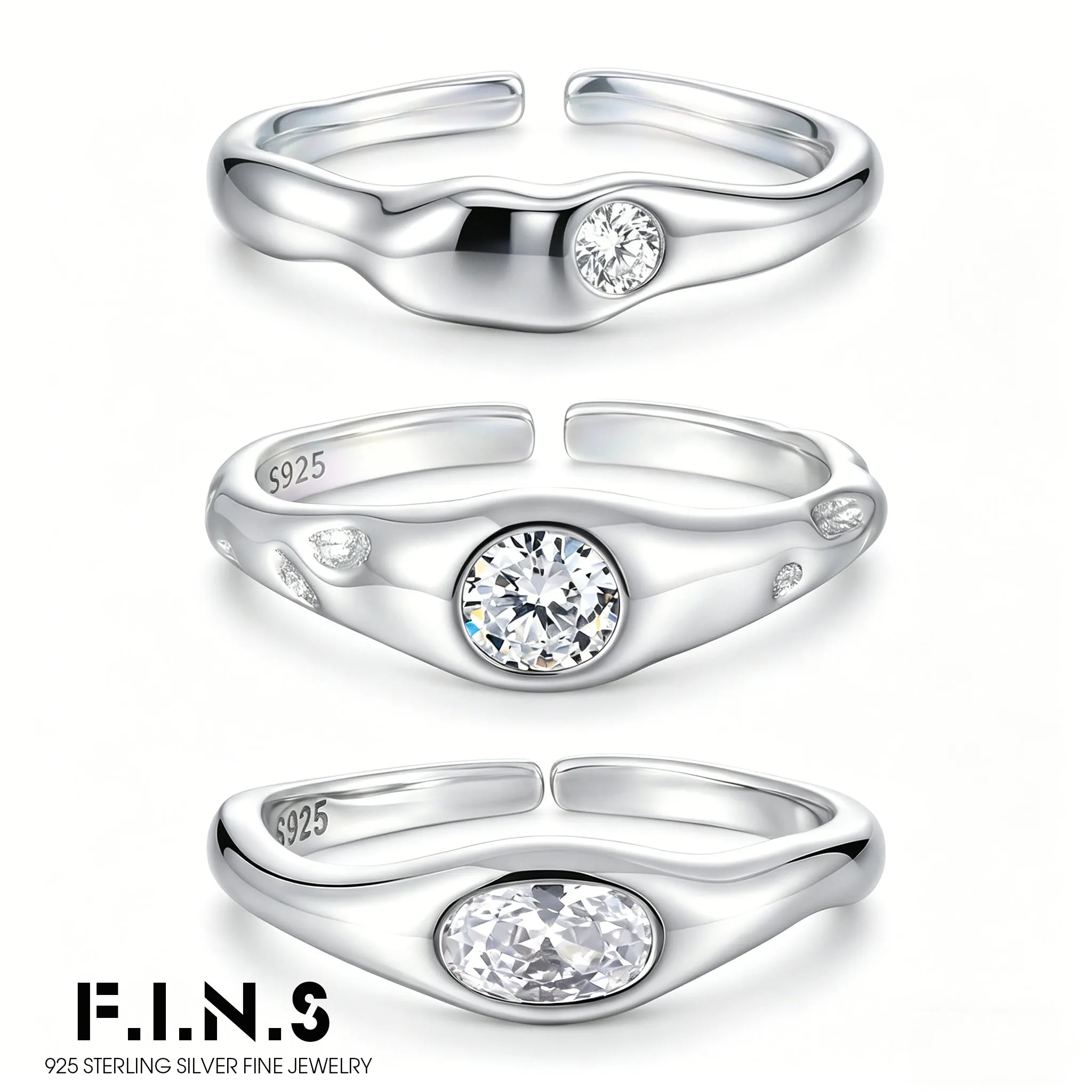 

F.I.N.S Minimalist Irregular Open 925 Sterling Silver Ring For Women Hypoallergenic Statement Zircon Stackable Finger Jewelry