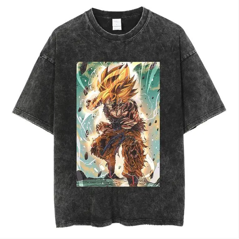 

Dragon Ball Z Goku Super Saiyan Battle Damaged Vintage Washed Anime Print T Shirt Men 2026 Summer Casual Streetwear Oversized