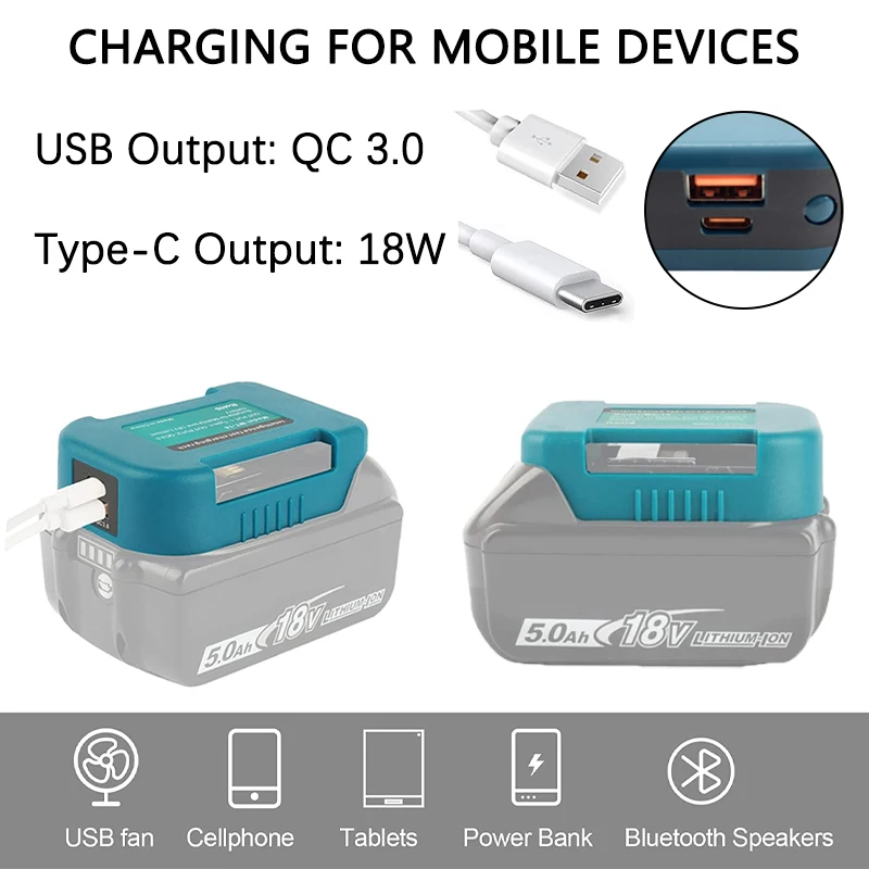 USB Fast Charger Adapter Compatible for Makita 18V Li-ion Battery Portable Battery Holder with 18W Type-C Output Fast Charging