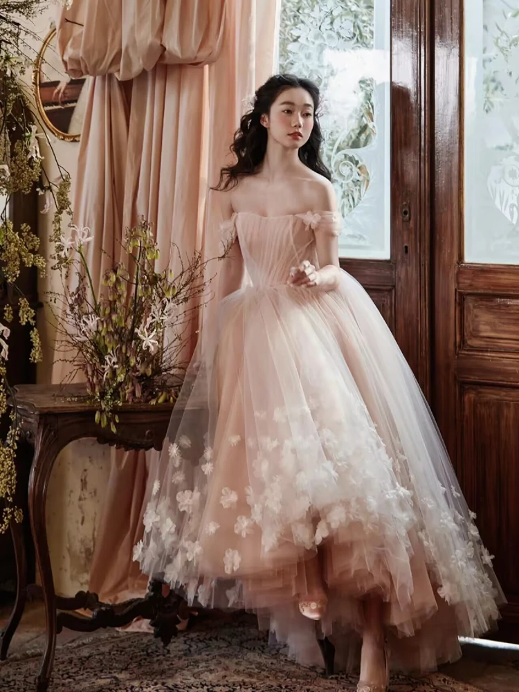 

Легкое свадебное платье розового цвета на одно плечо для фотосессий в путешествиях, летнее, с фатой, для официальных вечерних мероприятий, в китайском стиле, женское