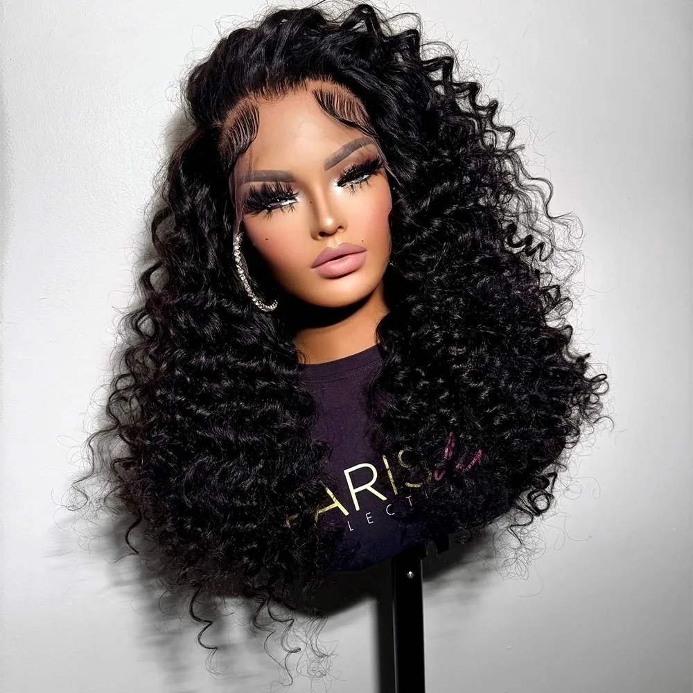 นุ่ม 26 นิ้ว 180 ความหนาแน่นสีดํา Kinky Curly Lace ด้านหน้า Wigs สําหรับผู้หญิงที่มีผมเด็กเส้นใยสังเคราะห์ส่วนลึกสวมใส่ทุกวันวิกผม