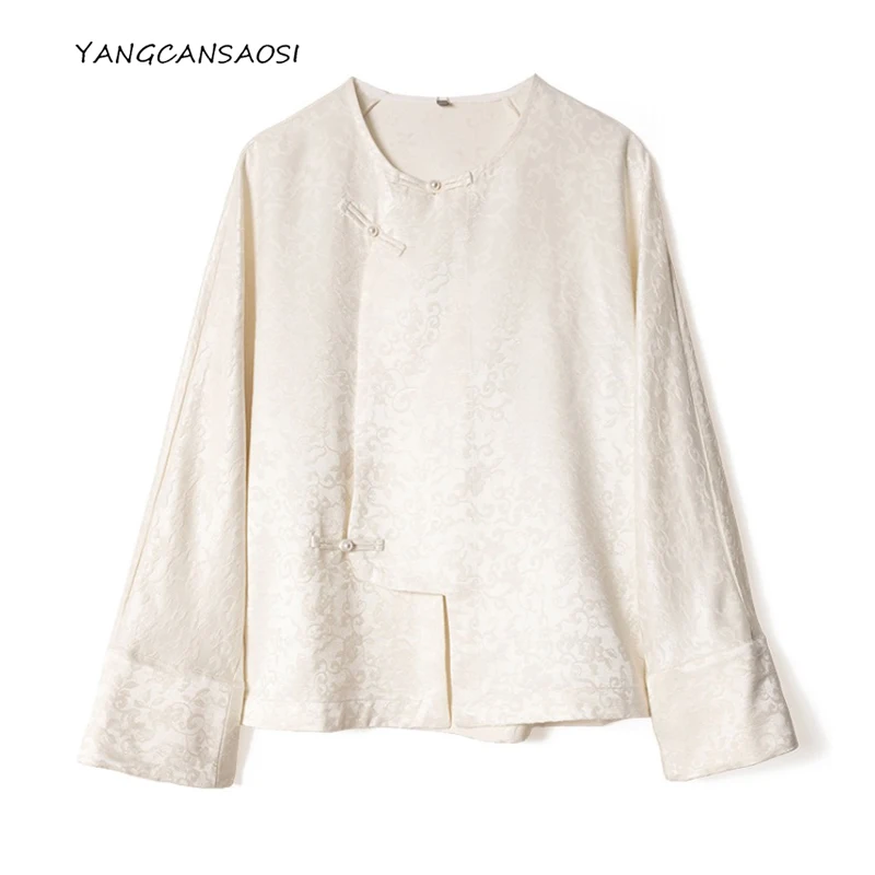 

White Background Floral Women's Fashionable Early Autumn New Style 100% Natural Mulberry Silk Placket New Chinese Style Jacket