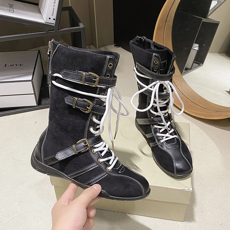 2025 أحدث الرجعية فارس أحذية بوت قصيرة النساء الربيع والخريف الدانتيل متابعة الأحذية الغربية المتخصصة منصة اللون مطابقة الأحذية #5