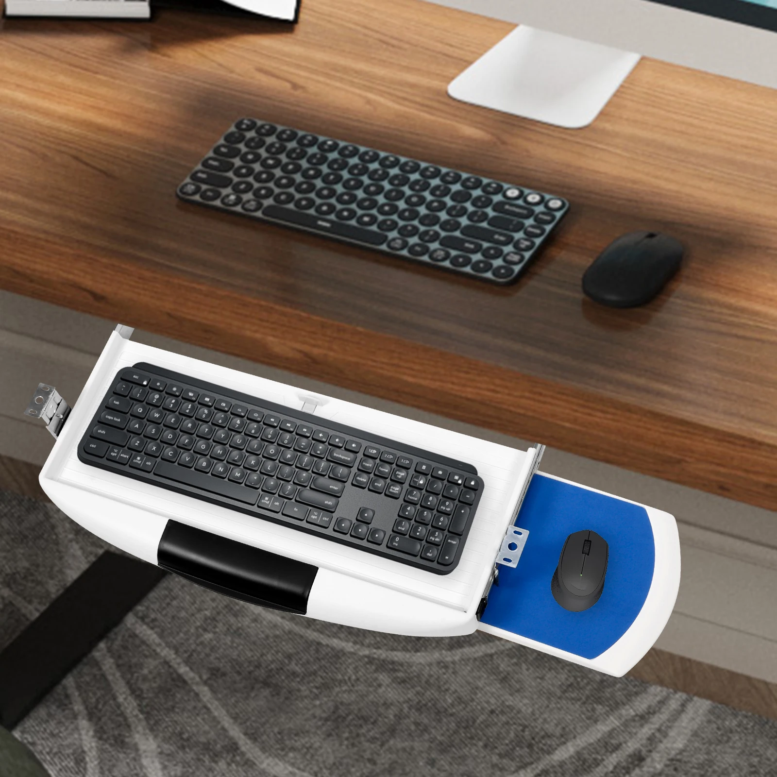 

Dual-layer Keyboard Tray under Desk Adjustable Height Ergonomic Noiseless Slide Rail Drawer Type Storage Computer Organizer