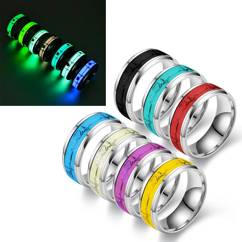 Stainless Steel Luminous Finger Ring for Lovers Glowing In Dark Heart Wedding Bands Jewelry Rings Accessories Free Shipping