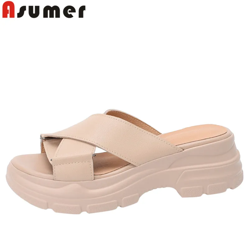 ASUMER 2022 New Genuine Leather Women Sandals Height Increasing Platform Sandals Ladies Summer Simple Solid Casual Shoes