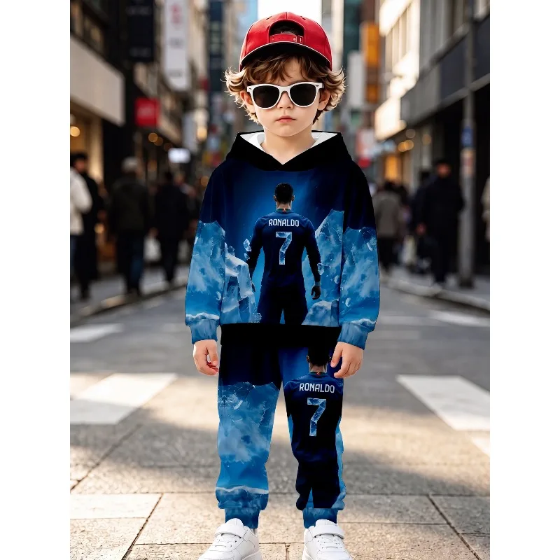 2Pcs Sports Hoodie Jogger Set Football Graphic Print Hooded Sweatshirt Pants Kids Casual Suit Suitable for Outdoor Birthday Gift