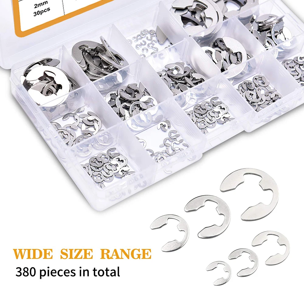 

380Pcs 304 Stainless Steel E Clip Washer Assorted Kit, 1.5mm-15mm Circlip External Retaining Ring for Shaft Fastener
