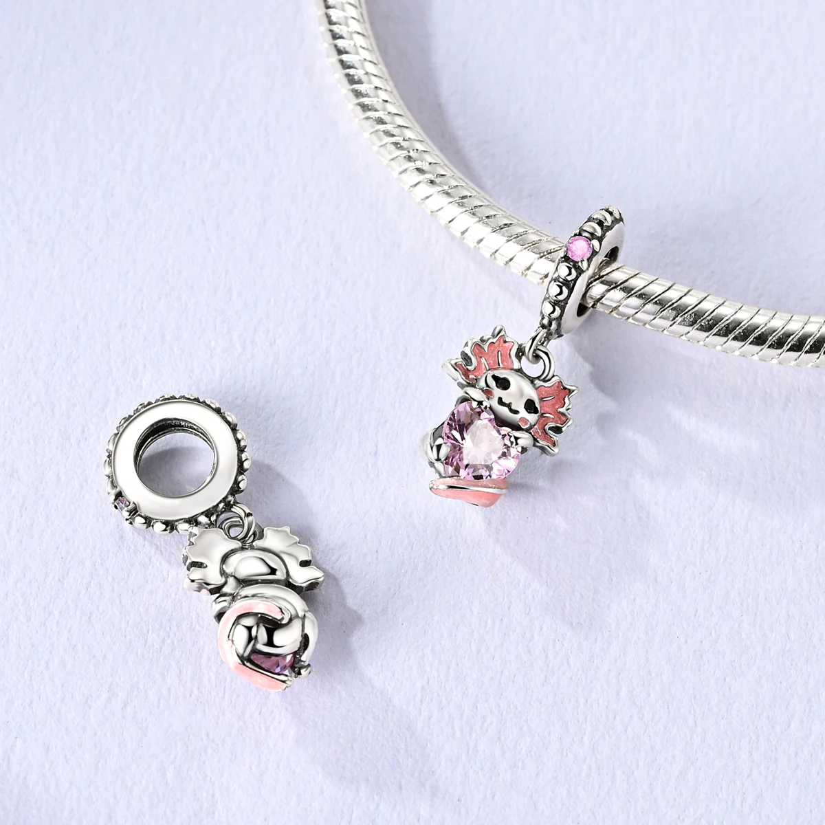 Original Charm 925 Sterling Silver Pink Salamander Lovely Pendant Fit Bracelet Bead DIY Trendy Jewelry