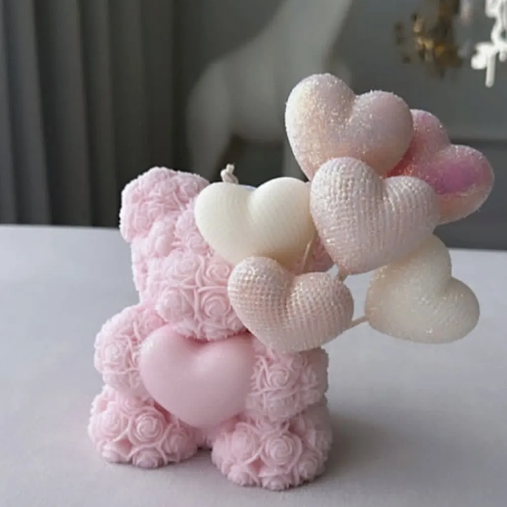 Vela aromática de oso rosa de amor, molde de silicona con relieve de flor, trenza de peluche, corazón, resina, fabricación de cerámica, decoración a la luz de las velas, regalos de novia DIY