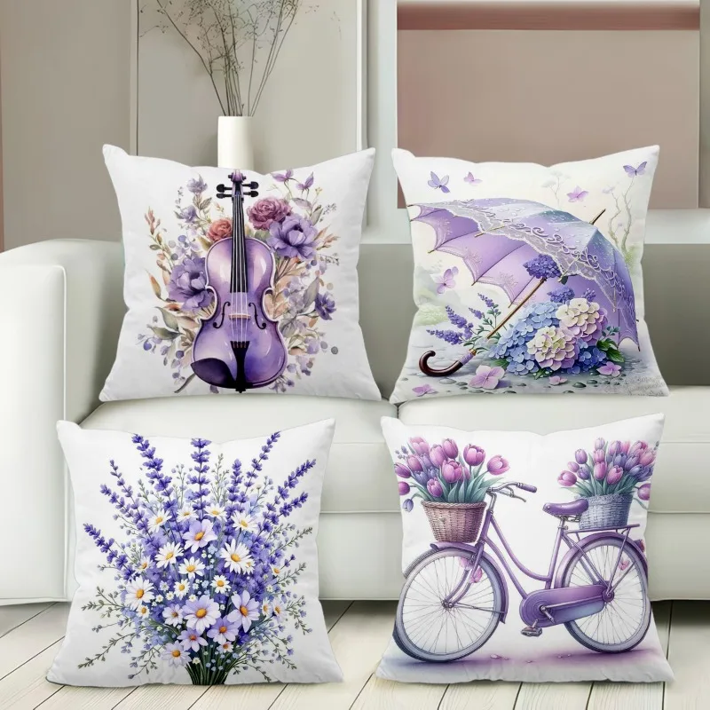 AliExpress NONE Lavender Patterned Pillows With Violin Umbrella Bicycle Flowers Polyester pillowcase, sofa  cushion cov Headboard Pillow