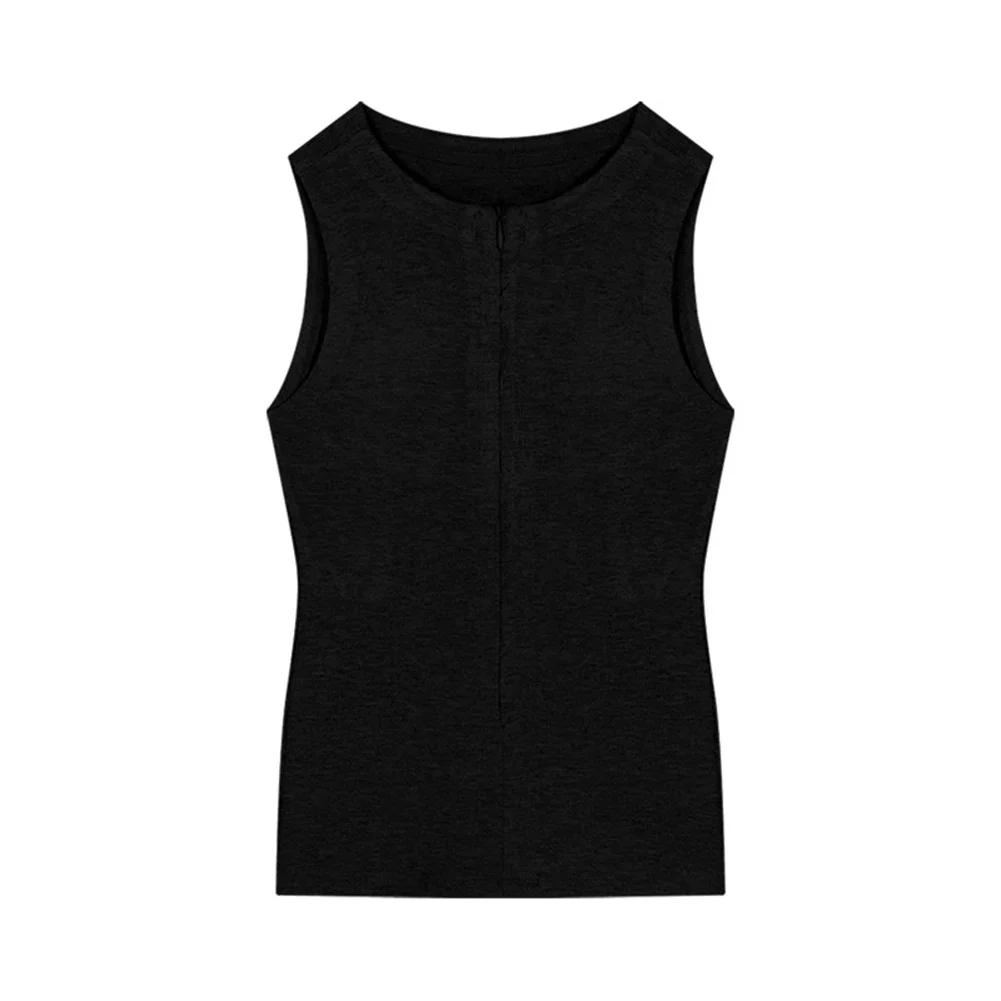 Black Zipper Vest Trendy Summer Vest Top Top Vest Women Clothing For Summer Wear Polyester Material Round Neck